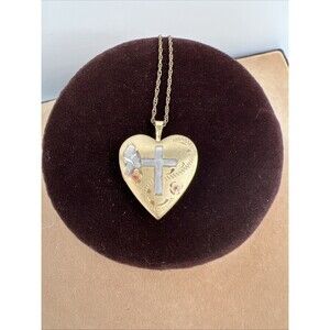 Vtg 14K GF TriColor Gold Heart Locket Necklace Satin Finish Etched Cross Flowers